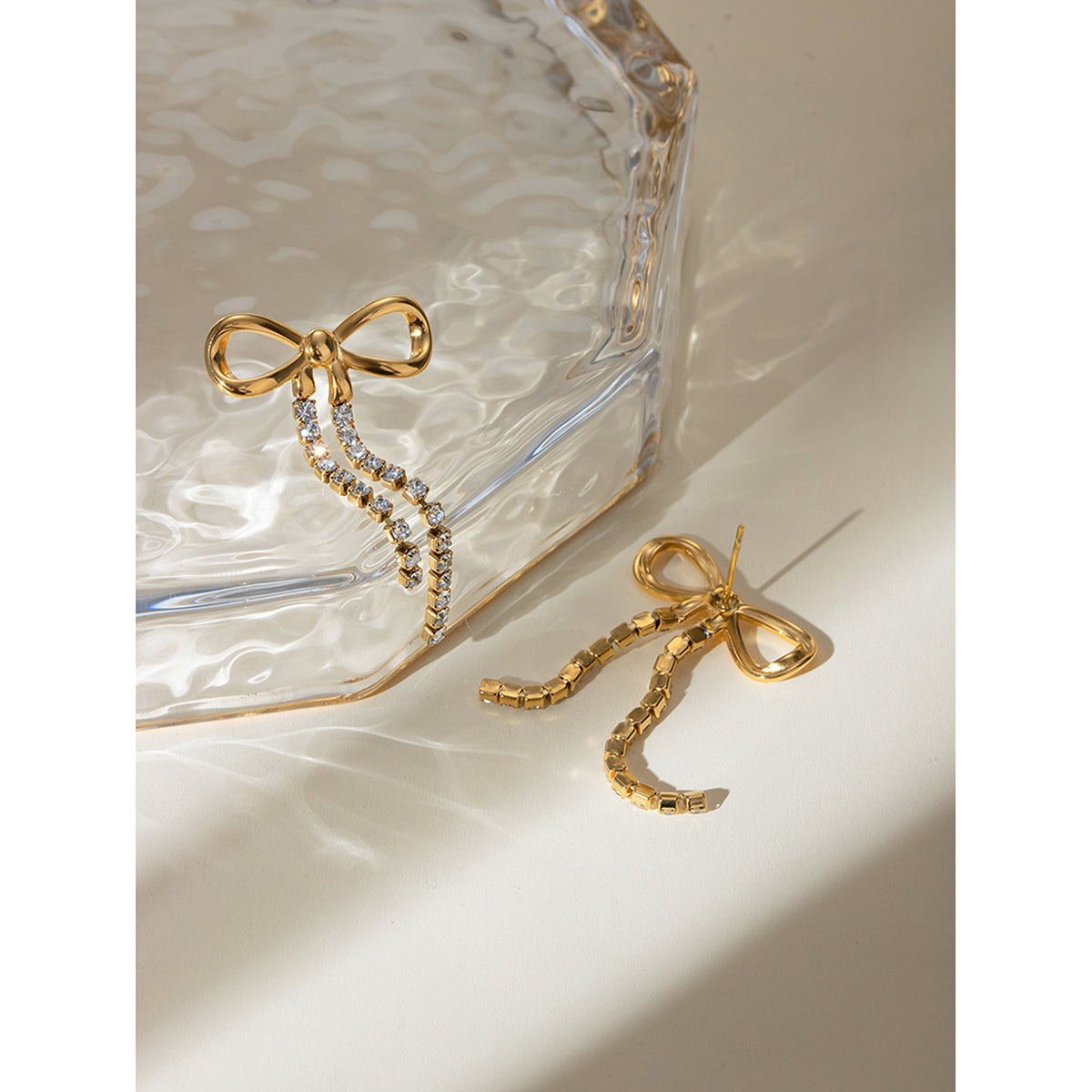 Artemis - 18K Gold-Plated Stainless Steel with Rhinestone Bow Knot Drop Earrings