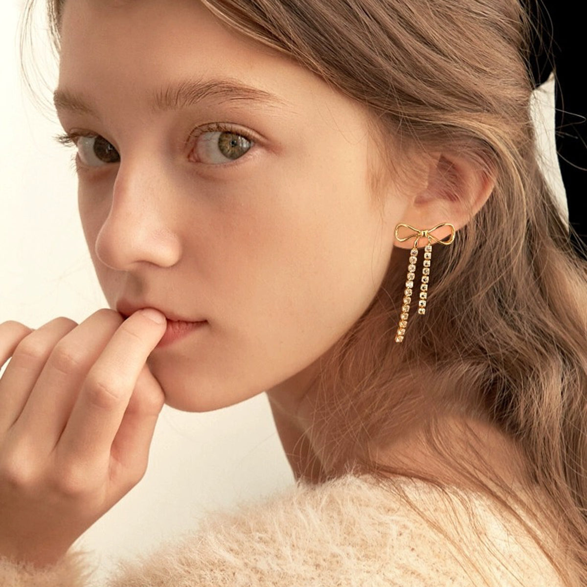 Artemis - 18K Gold-Plated Stainless Steel with Rhinestone Bow Knot Drop Earrings