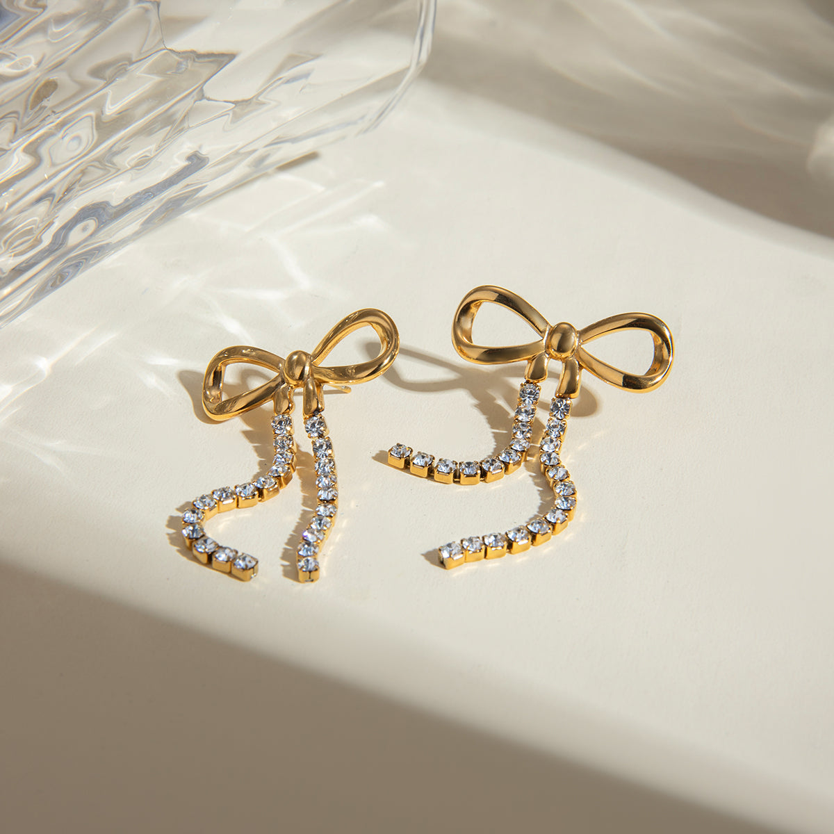 Artemis - 18K Gold-Plated Stainless Steel with Rhinestone Bow Knot Drop Earrings