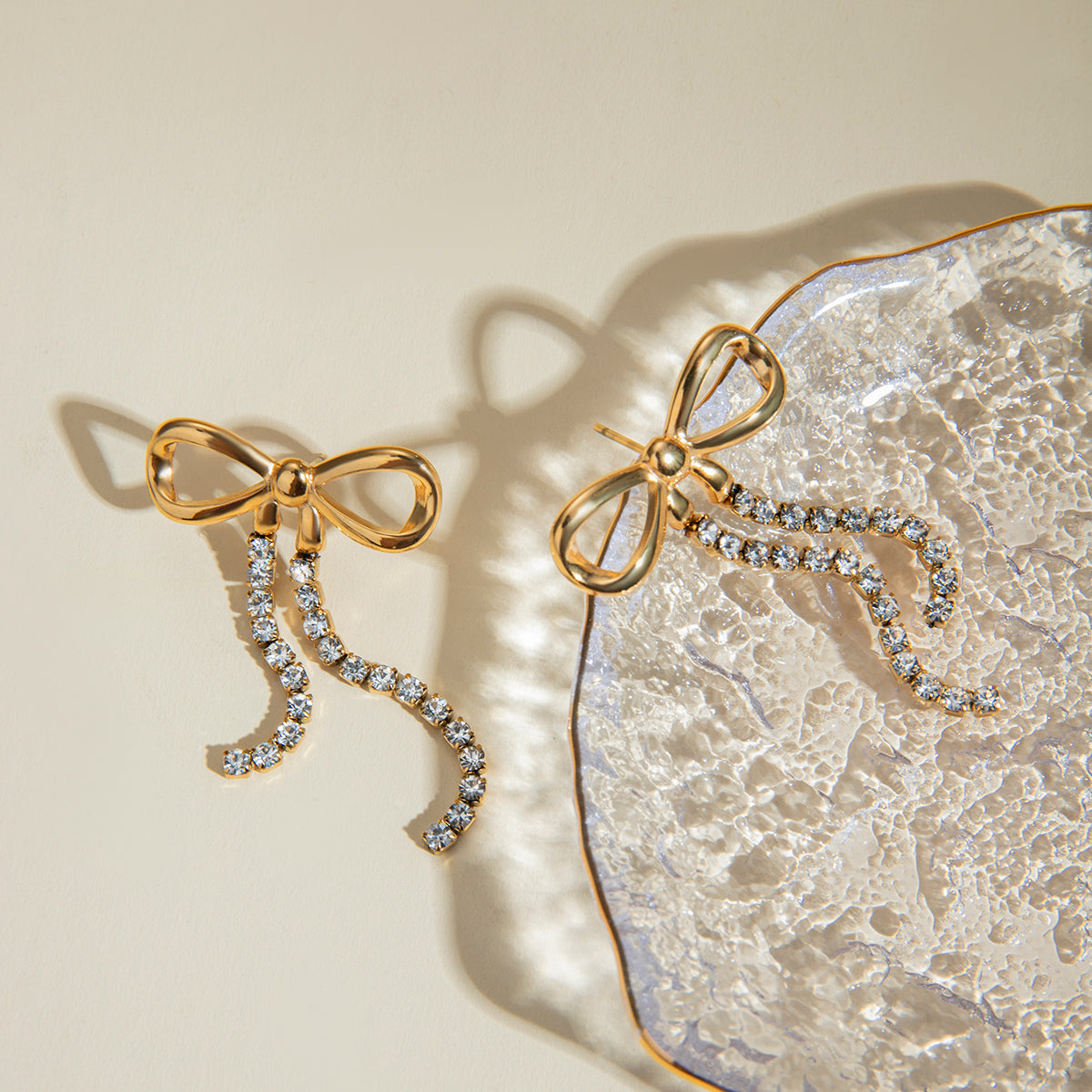 Artemis - 18K Gold-Plated Stainless Steel with Rhinestone Bow Knot Drop Earrings