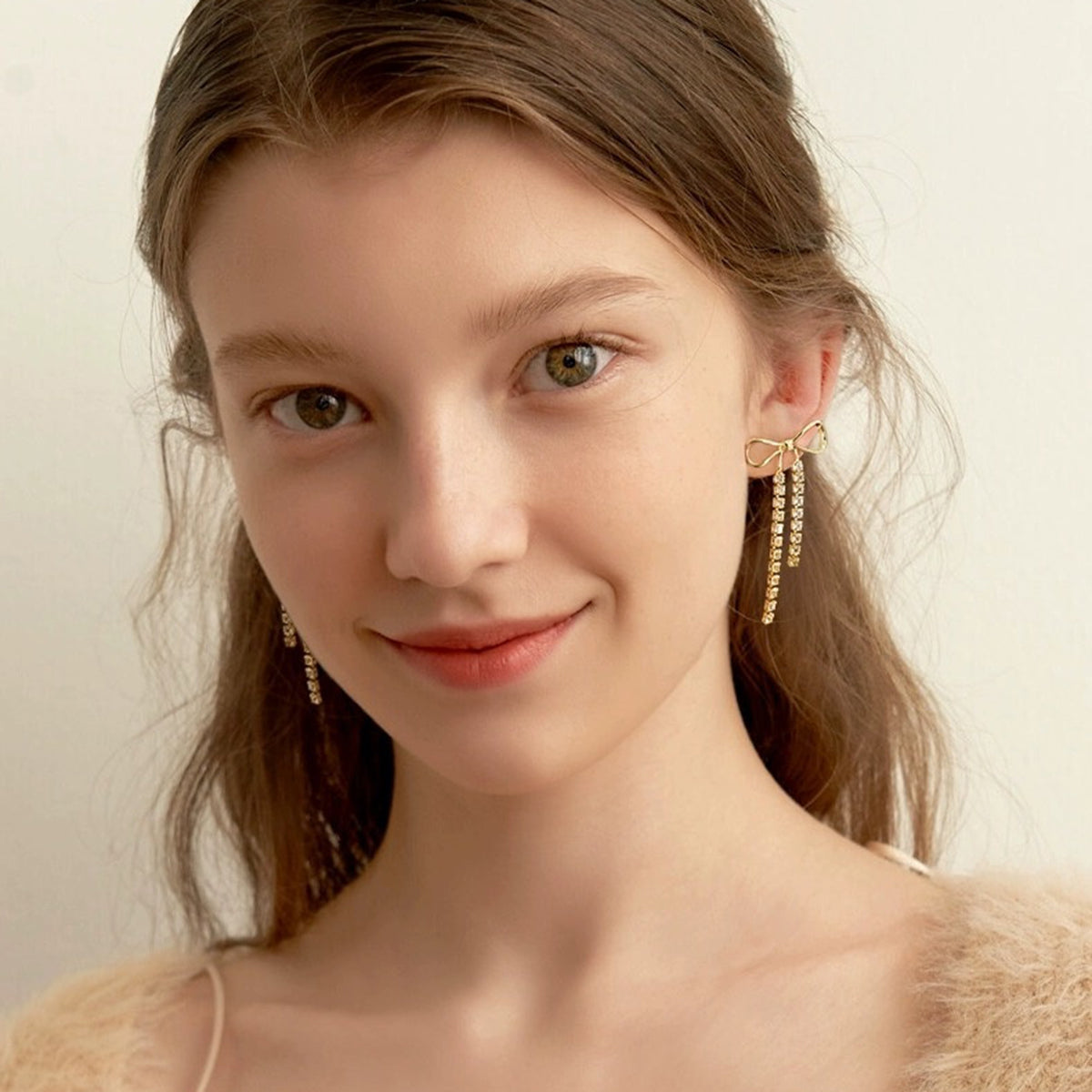 Artemis - 18K Gold-Plated Stainless Steel with Rhinestone Bow Knot Drop Earrings