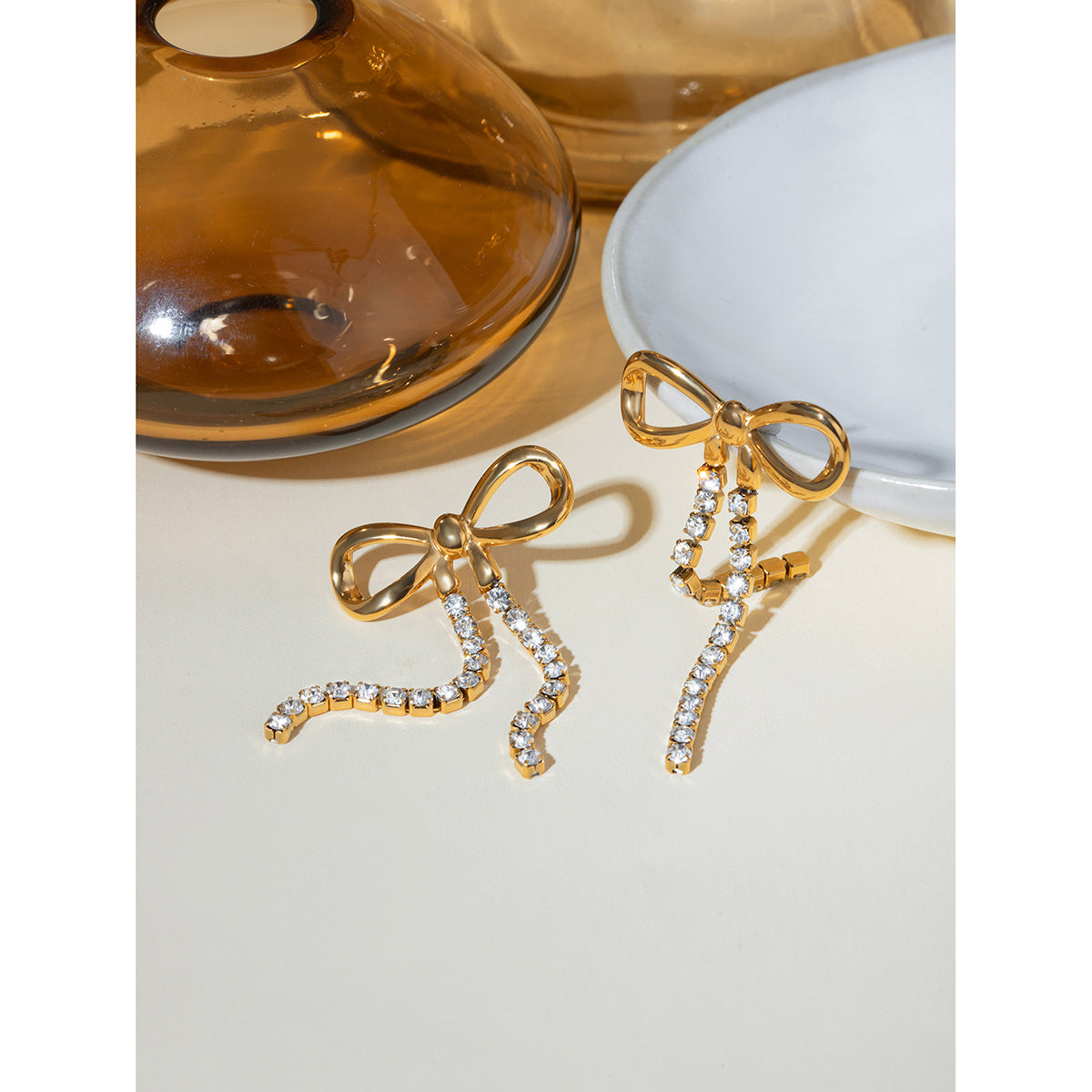 Artemis - 18K Gold-Plated Stainless Steel with Rhinestone Bow Knot Drop Earrings