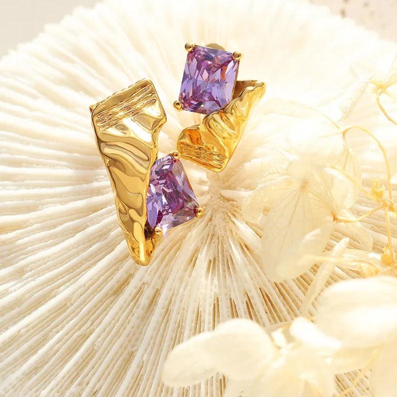 18K Gold-Plated Stainless Steel Earrings with Purple Zircon