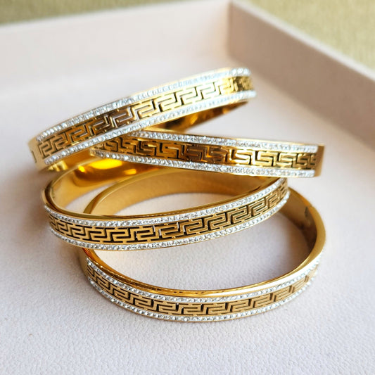 Athena - 18K Gold-Plated Stainless Steel Rhinestone Roman Key Bangle