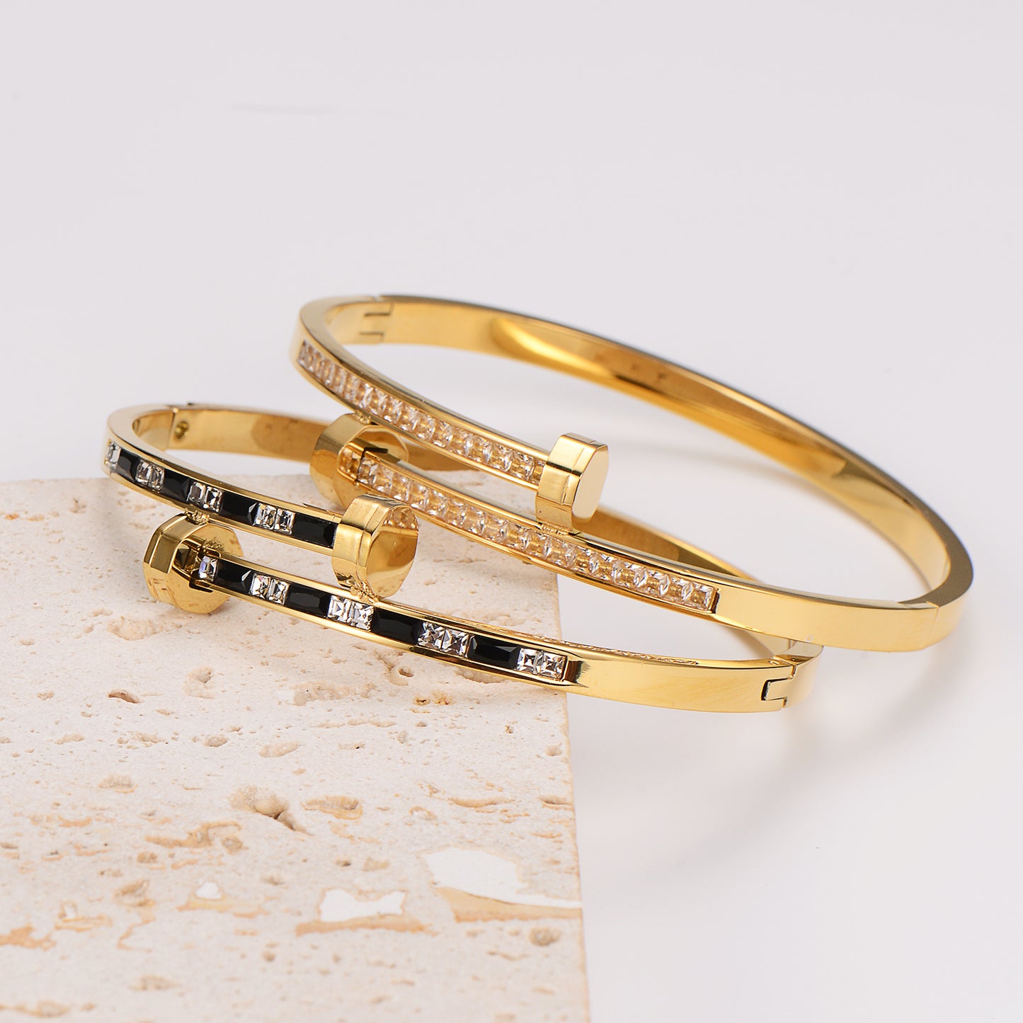 Bolt Nail Bangle - 18K Gold-Plated Stainless Steel with Rhinestones