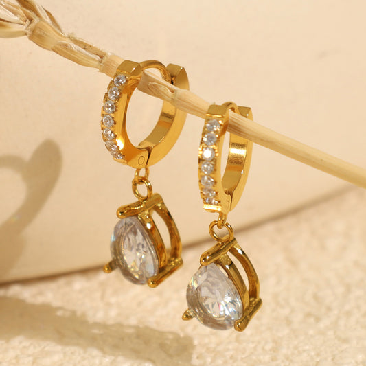 Eros Teardrop Huggie Earrings - 18K Gold-Plated Stainless Steel with Rhinestones & Zircon