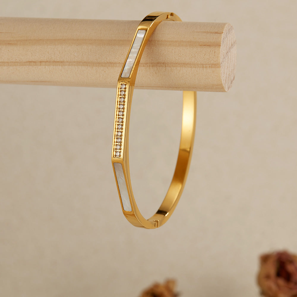 Ostara Bangle - Gold-Plated Stainless Steel with Cubic Zirconia & Pearl Oyster