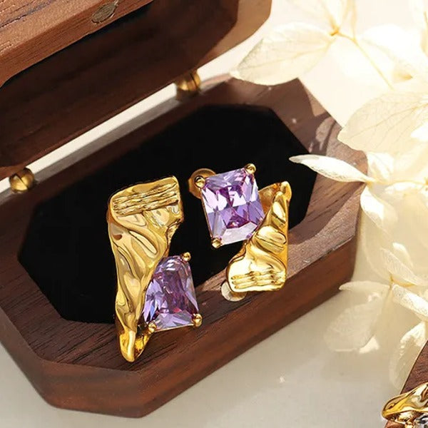 Gold-Plated Stainless Steel Earrings Purple Zircon