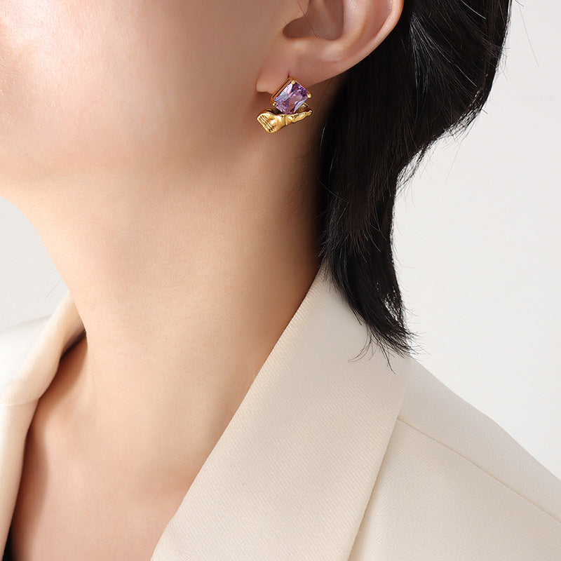 Gold-Plated Stainless Steel Earrings with Purple Zircon