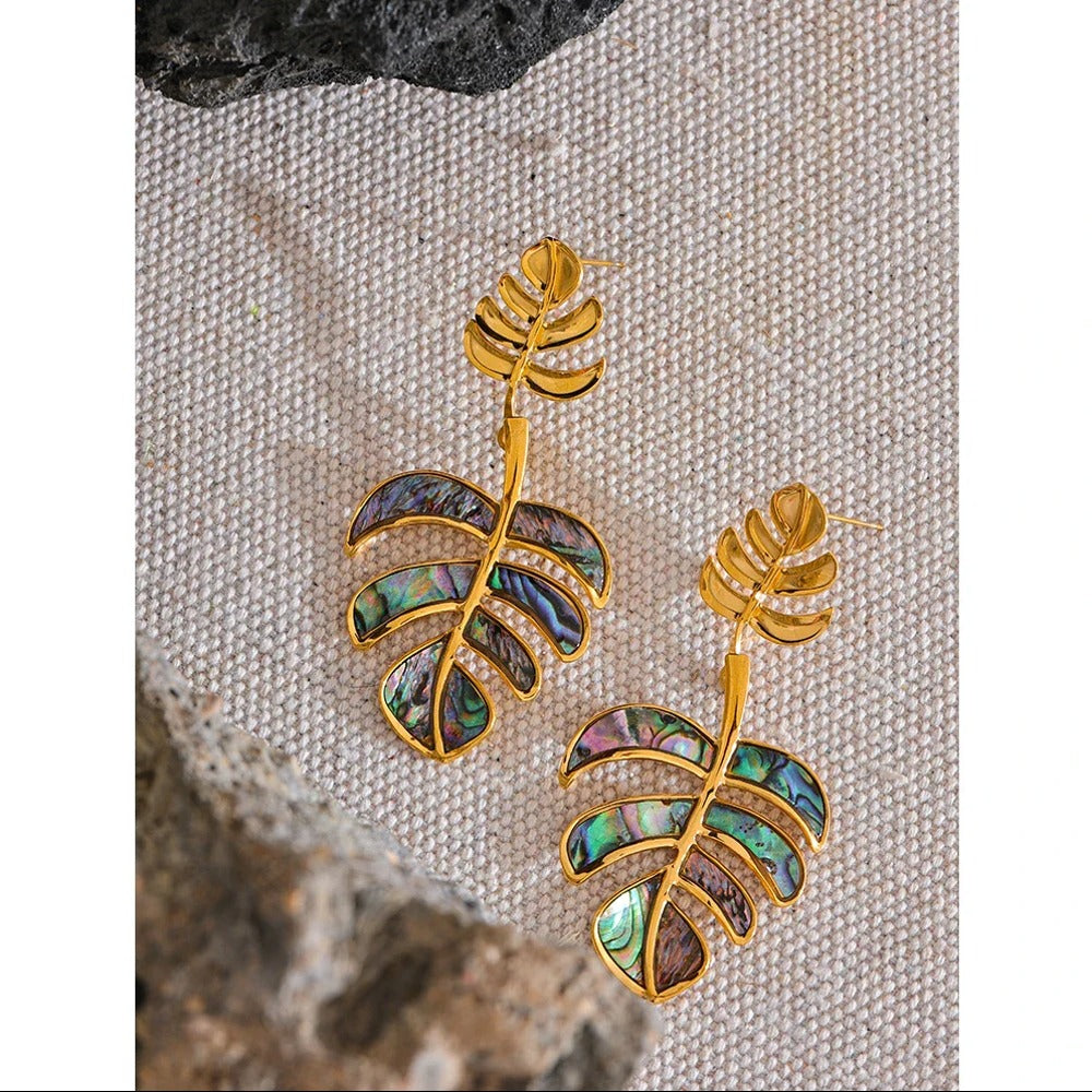 Palm Leaf 18K Gold Plated Stainless Steel drop Earrings