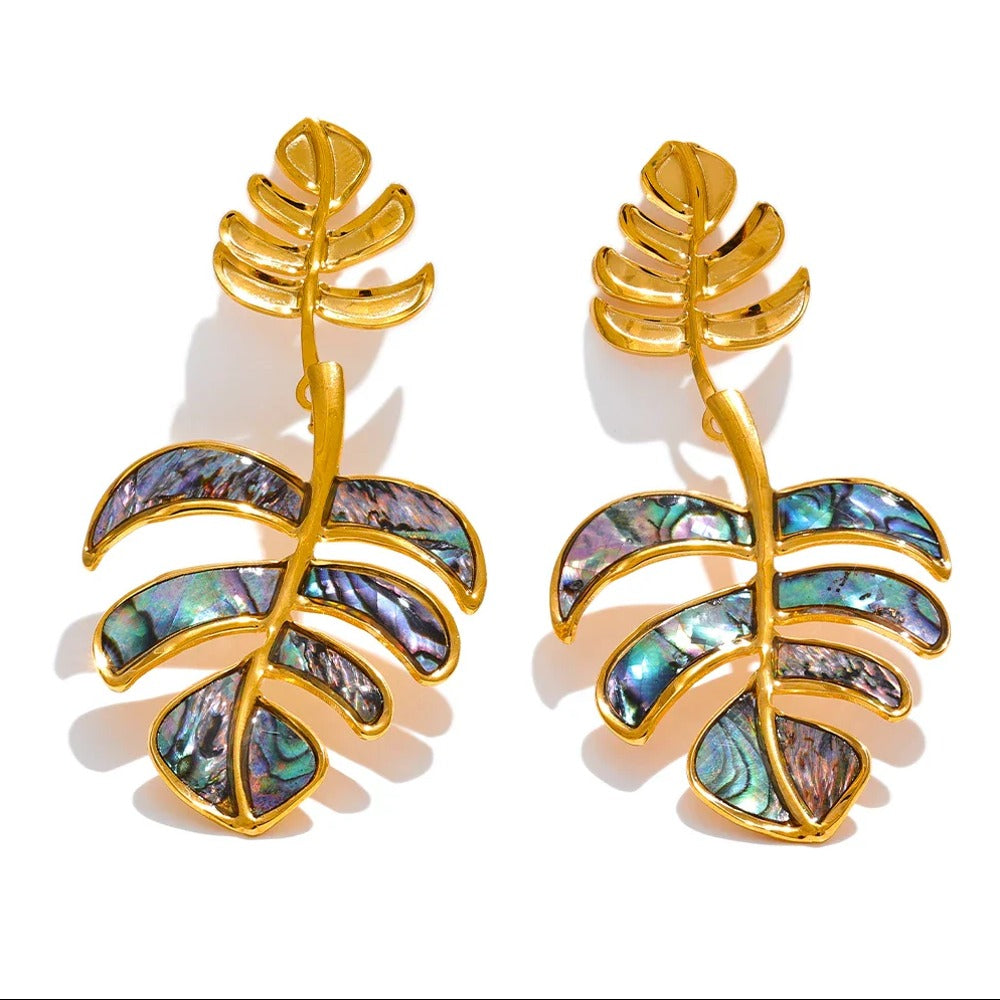 Palm Leaf shape 18K Gold Plated Stainless Steel drop Earrings