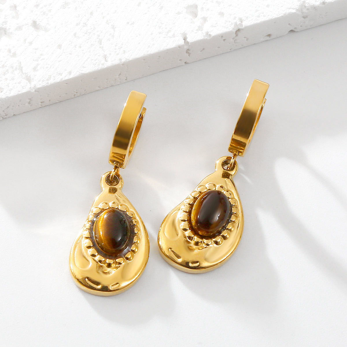 Tiger eye drop earrings stainless steel 18k gold plated