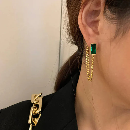 Verde - 18K Gold-Plated Stainless Steel Green Glass Inlay Earrings