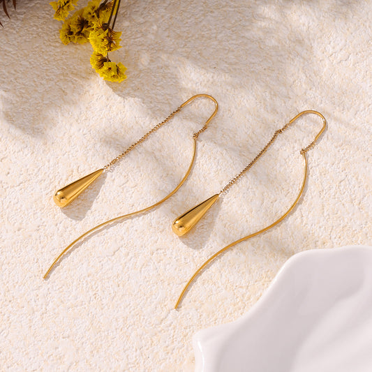 Waterdrop Thread & Wave Needle Earrings - 18K Gold-Plated Stainless Steel
