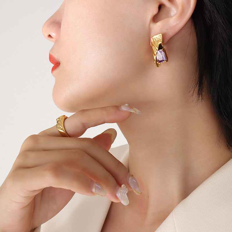 Women 18K Gold-Plated Stainless Steel Earrings with Purple Zircon