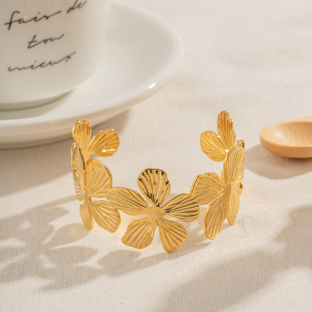 Women Floral 18K Gold Plated Stainless Steel Bangle