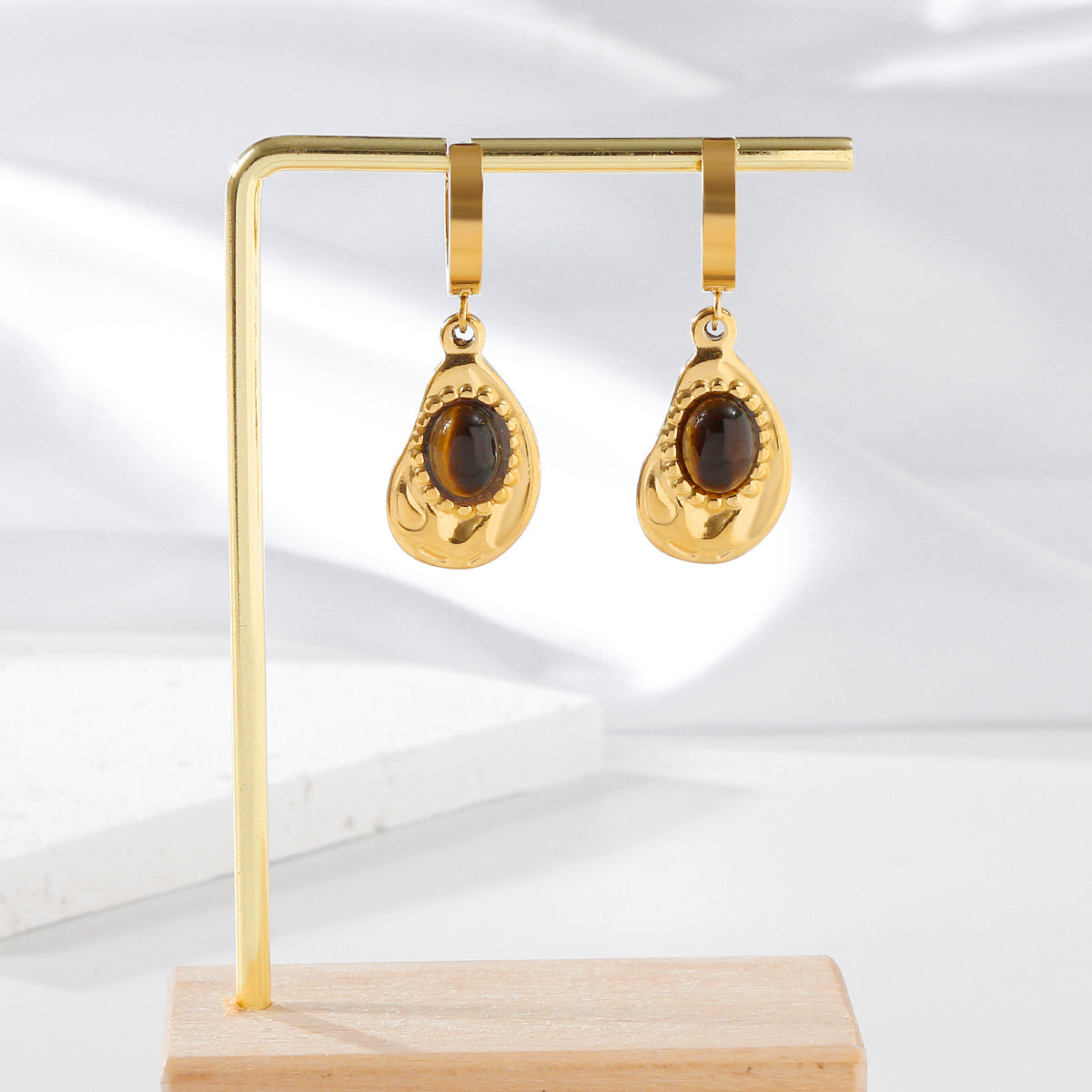 Women tiger eye drop earrings stainless steel