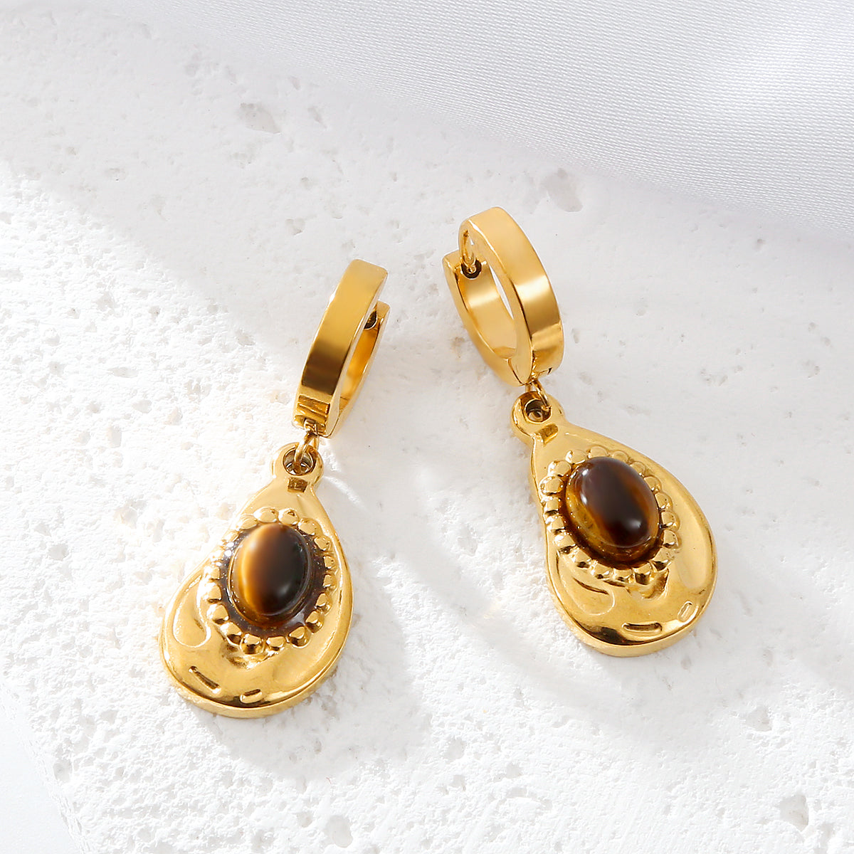Women tiger eye drop earrings stainless steel 18k gold plated