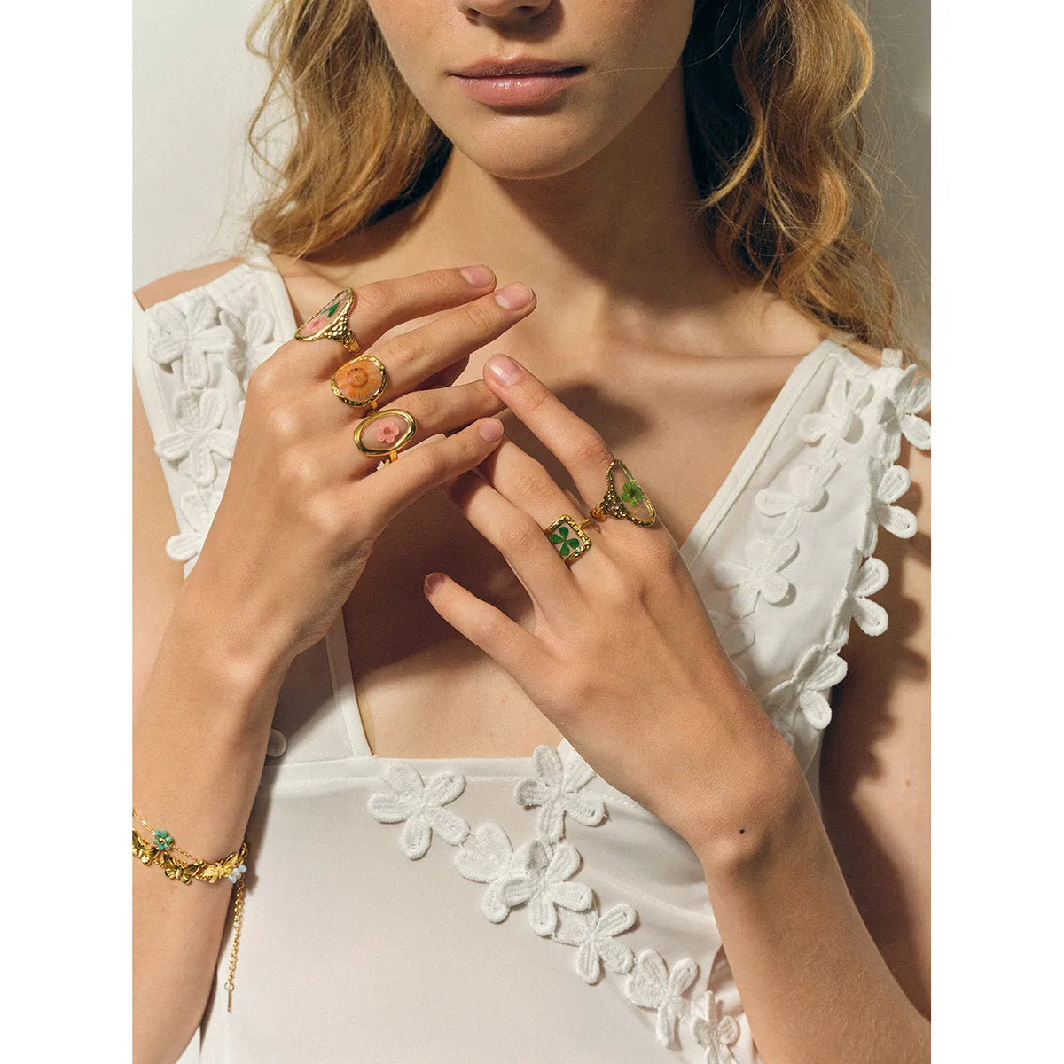 Floral & Clover Resin Rings - 18K Gold Plated Stainless Steel