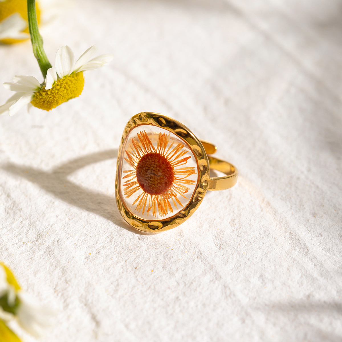flower resin art rings stainless steel 18K gold plated