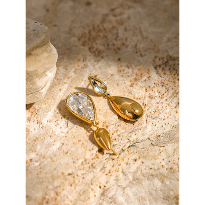 Cascade - 18K Gold-Plated Stainless Steel Asymmetrical Zircon Earrings