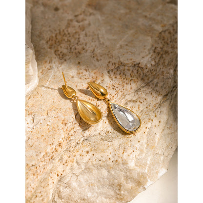 Cascade - 18K Gold-Plated Stainless Steel Asymmetrical Zircon Earrings