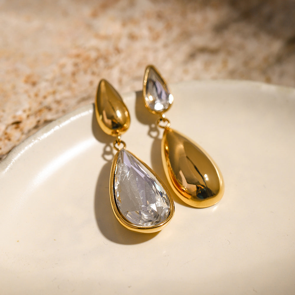 Cascade - 18K Gold-Plated Stainless Steel Asymmetrical Zircon Earrings