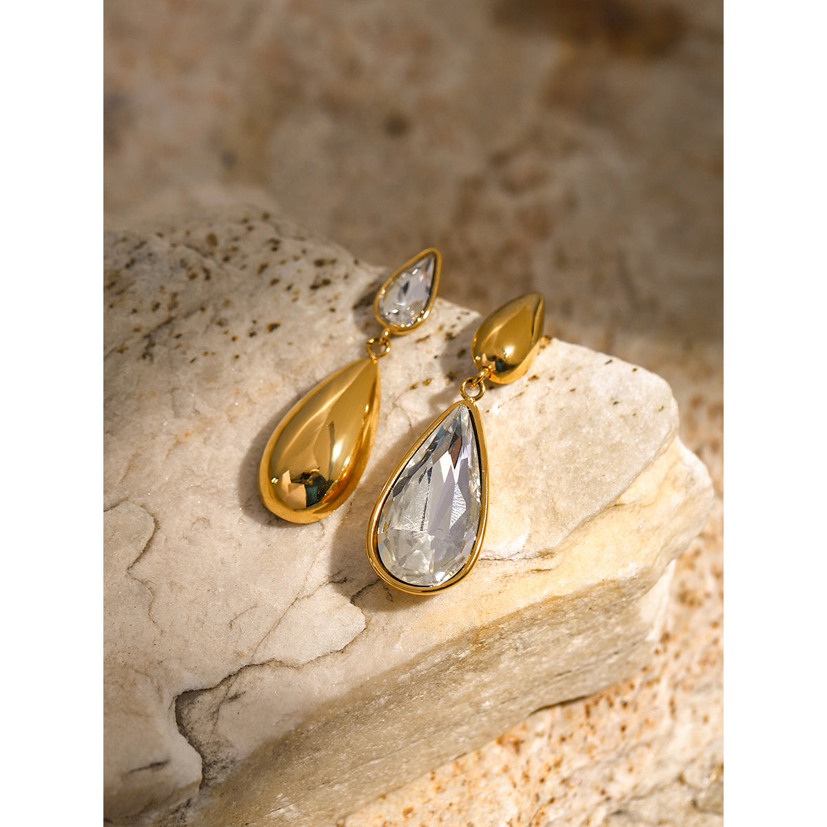 Cascade - 18K Gold-Plated Stainless Steel Asymmetrical Zircon Earrings