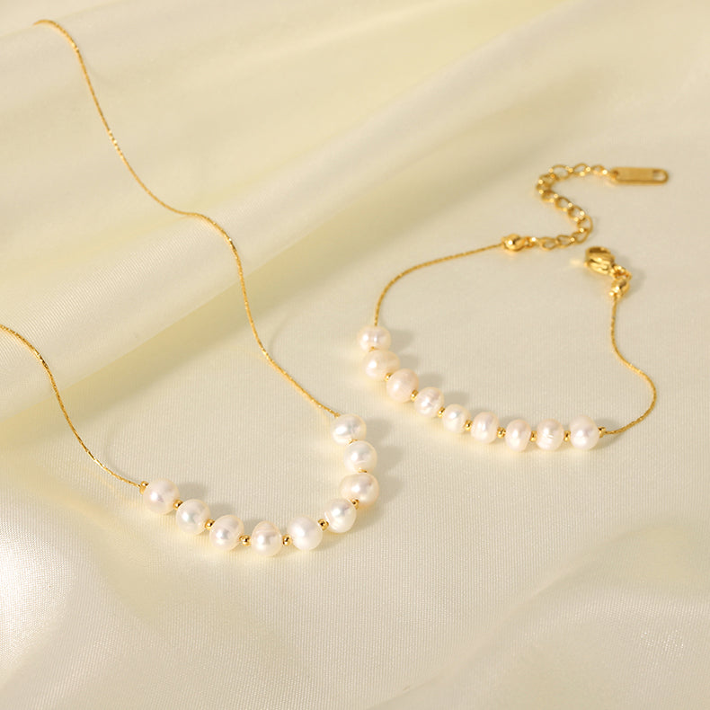 18K Gold-Plated Stainless Steel Freshwater Pearl Bracelet & Necklace Set