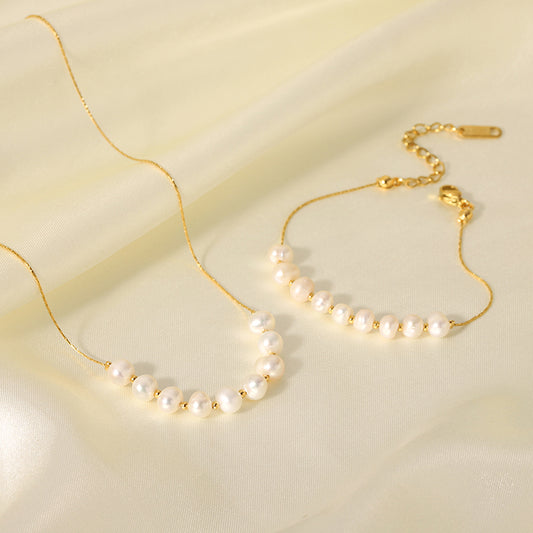 18K Gold-Plated Stainless Steel Freshwater Pearl Bracelet & Necklace Set