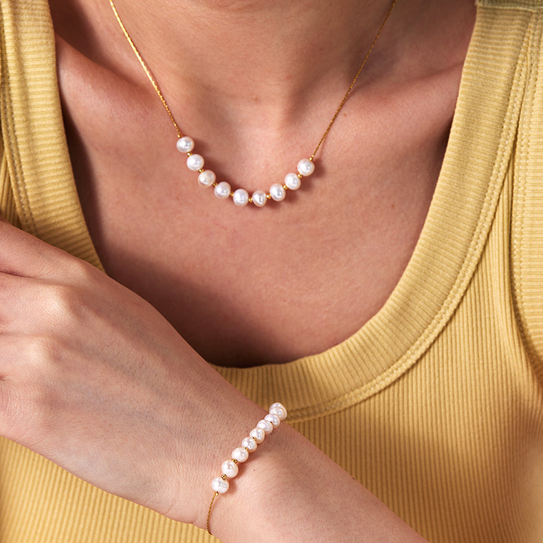 18K Gold Plated Stainless Steel Freshwater Pearl Bracelet & Necklace Set