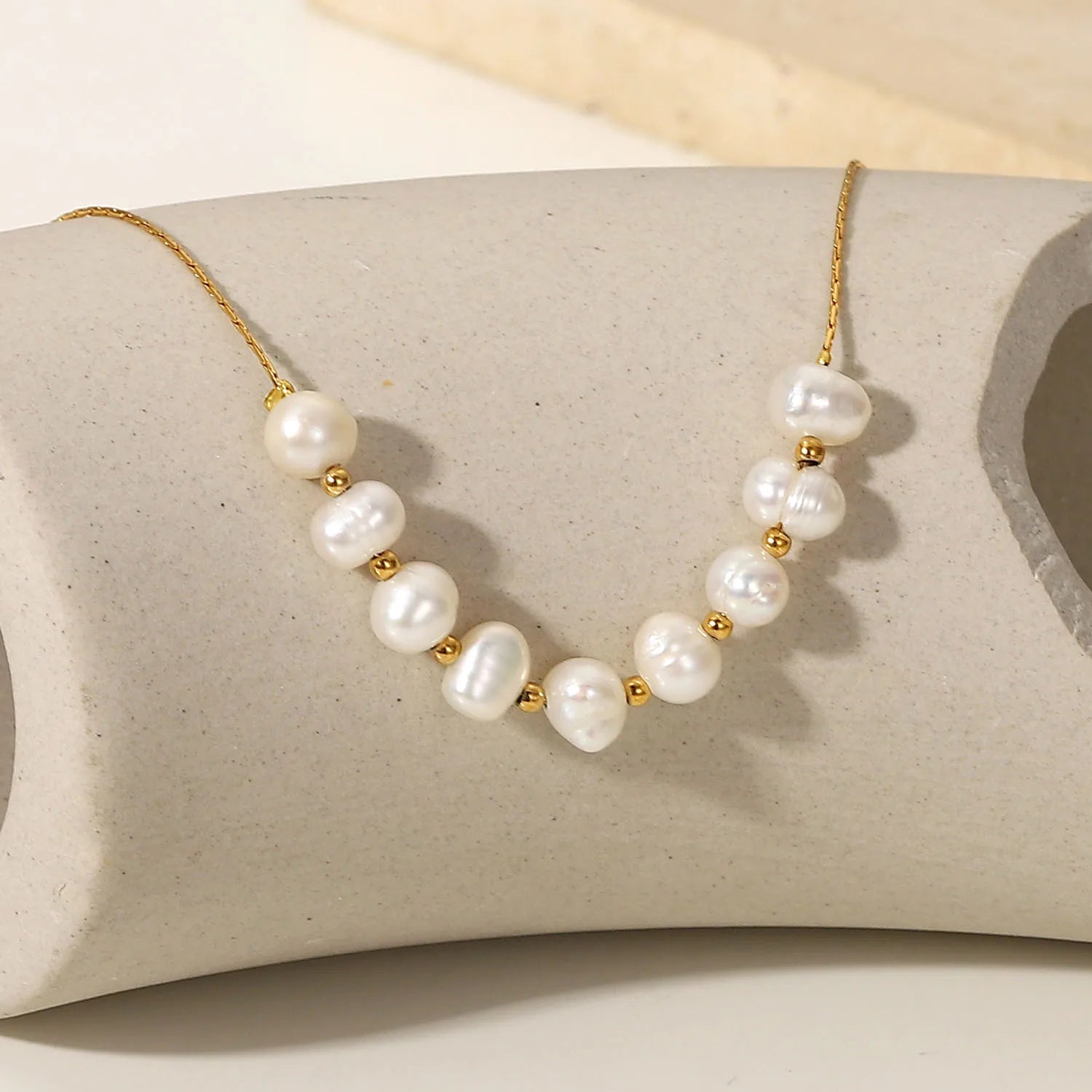 18K Gold Plated Stainless Steel Freshwater Pearl Bracelet & Necklace Set