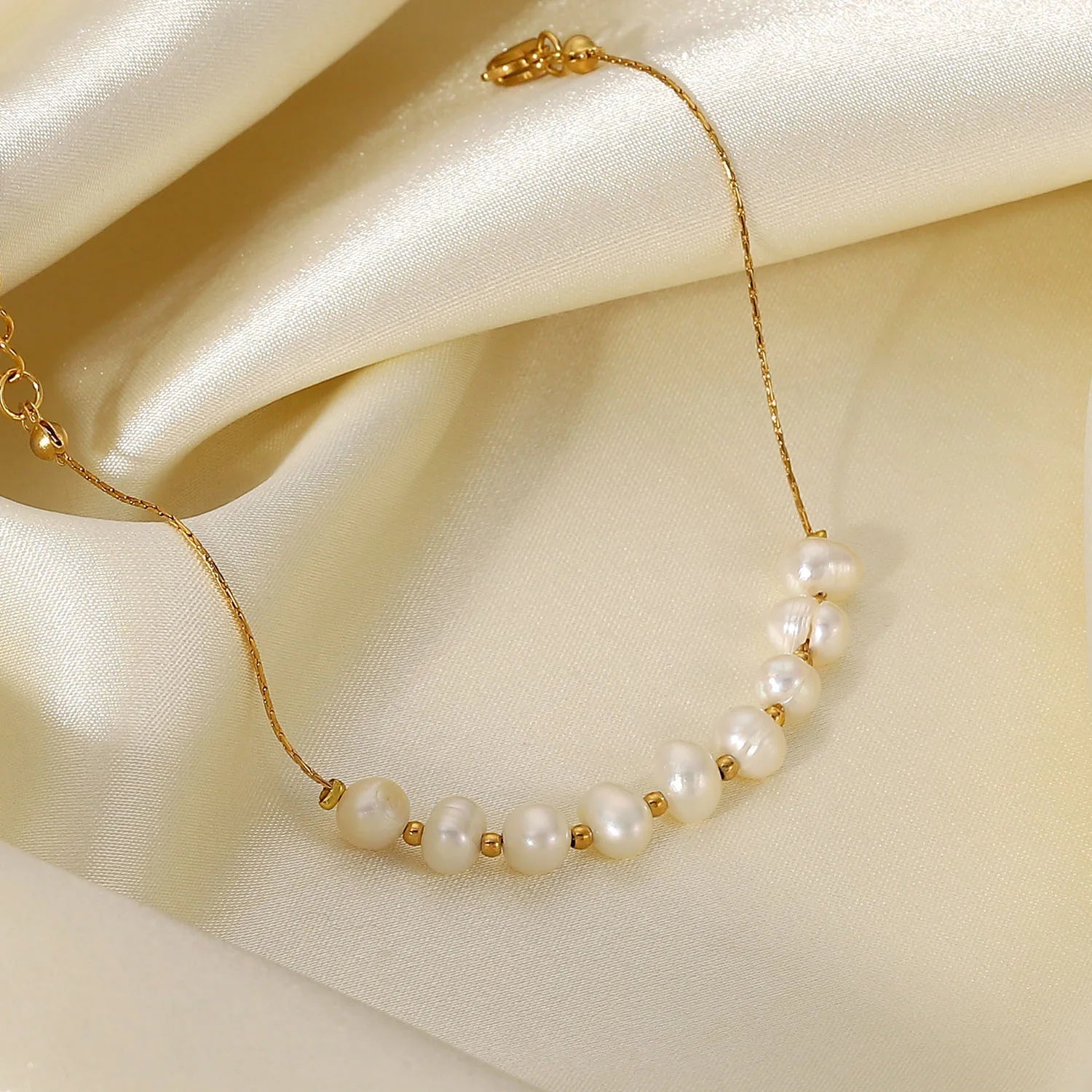 18K Gold Plated Stainless Steel Natural Freshwater Pearl Bracelet & Necklace Set