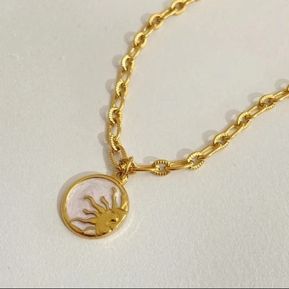 Sun & Moon Enamel Pendant Necklace - 18K Gold Plated Stainless Steel