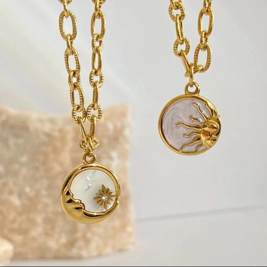 Sun & Moon Enamel Pendant Necklace - 18K Gold Plated Stainless Steel