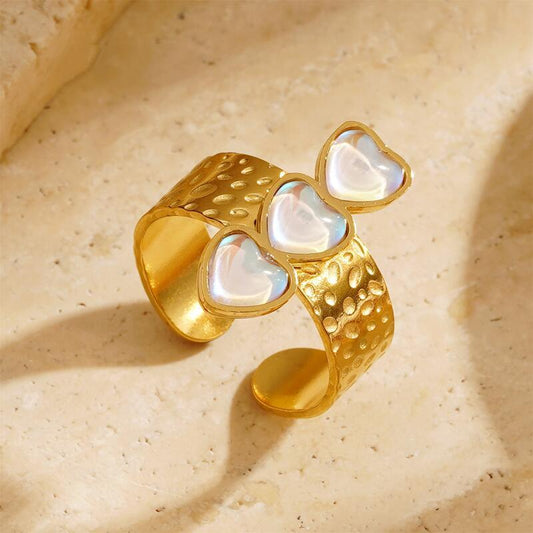 Aurora Ring - 18K Gold-Plated Stainless Steel with Opal Hearts