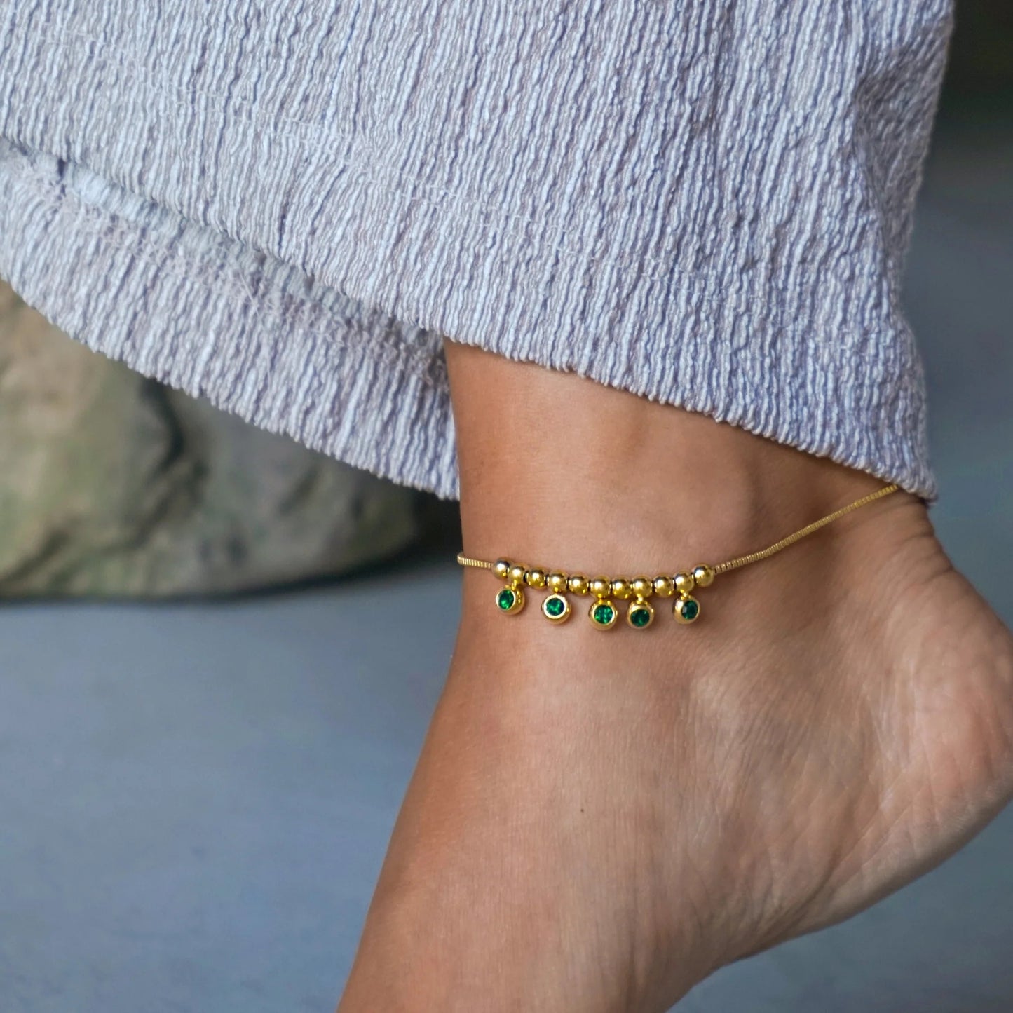 Enu Anklet - 18K Gold-Plated Stainless Steel Beaded Anklet with Rhinestones