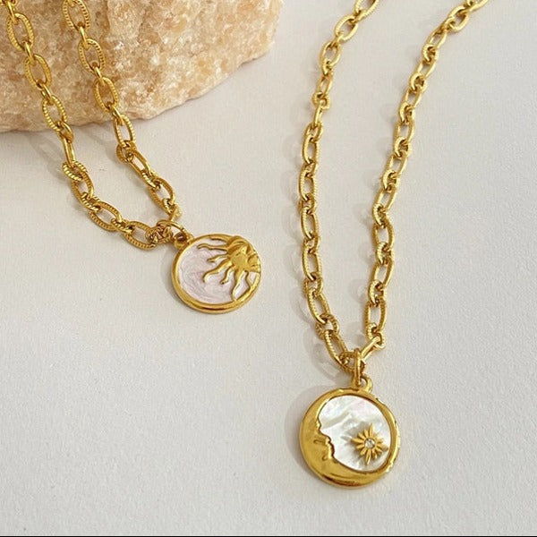 Sun & Moon Enamel Pendant Necklace - 18K Gold Plated Stainless Steel