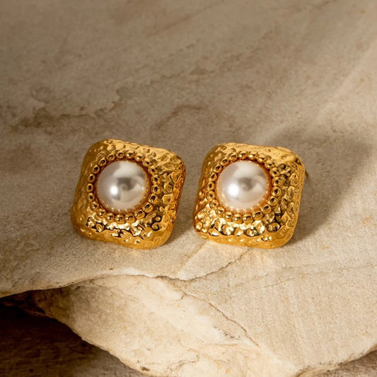 Sabina - Square Stainless Steel 18K Gold-Plated Mabe Pearl Ear Studs