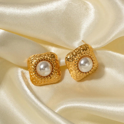 Sabina - Square Stainless Steel 18K Gold-Plated Mabe Pearl Ear Studs