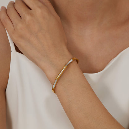 Ostara Bangle - Gold-Plated Stainless Steel with Cubic Zirconia & Pearl Oyster