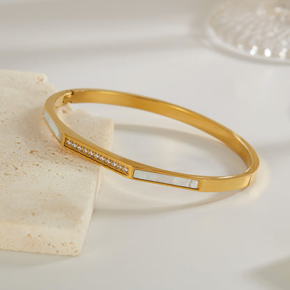 Ostara Bangle - Gold-Plated Stainless Steel with Cubic Zirconia & Pearl Oyster