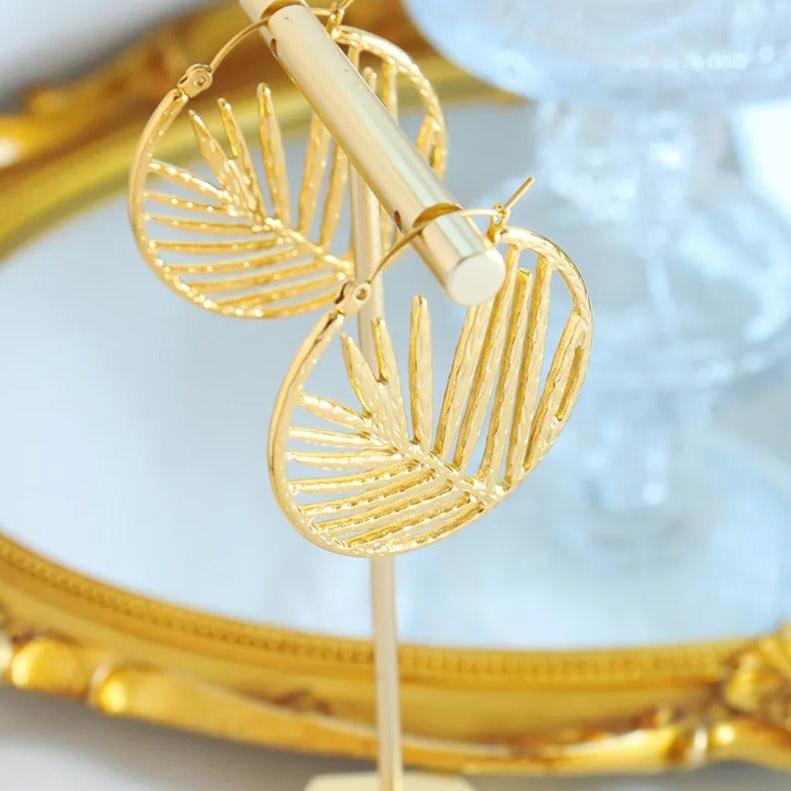 Gold Palm Leaf in Circle Hoop Earrings