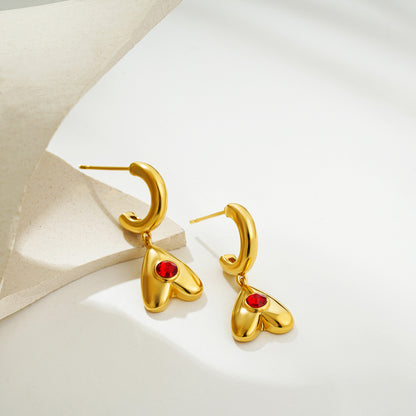 Gold Plated Heart with red stone Earrings 