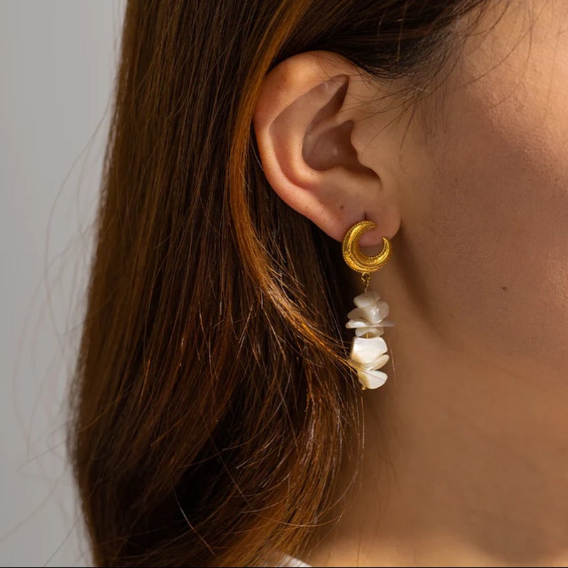 Luna - Gold Moon Earrings with Natural White Shells