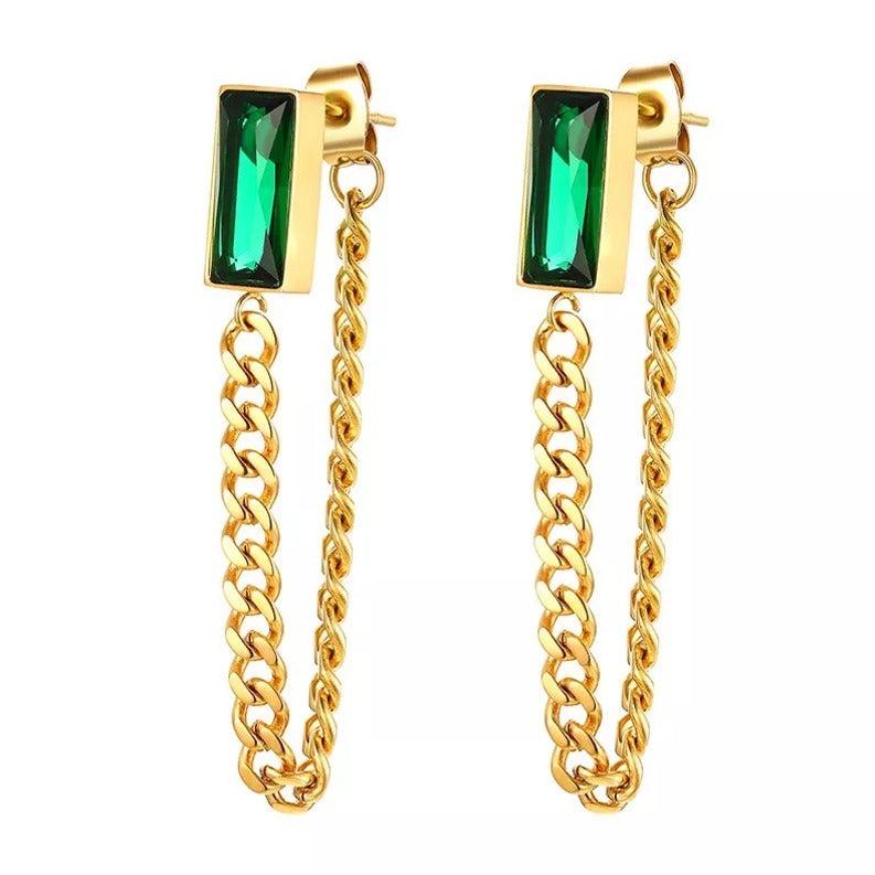 Verde - 18K Gold-Plated Stainless Steel Green Glass Inlay Earrings