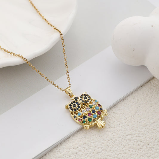 Owl Necklace - Gold-Plated Stainless Steel with Zircon