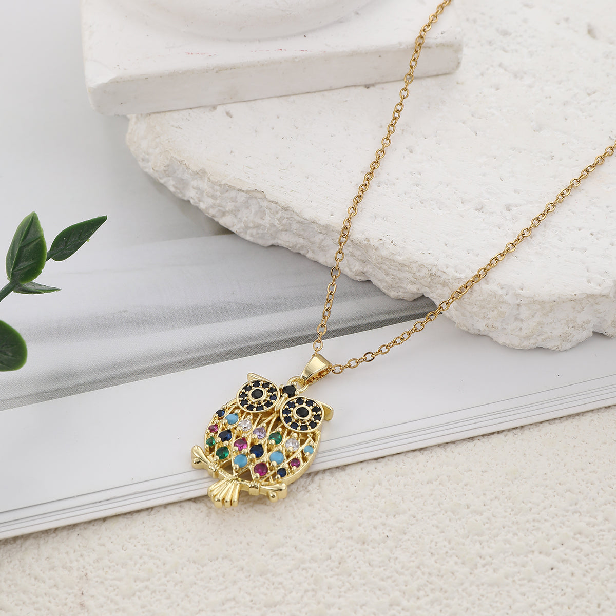 Owl Necklace - Gold-Plated Stainless Steel with Zircon