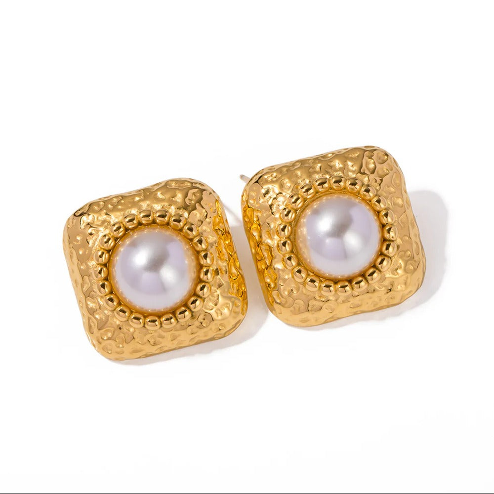 Sabina - Square Stainless Steel 18K Gold-Plated Mabe Pearl Ear Studs