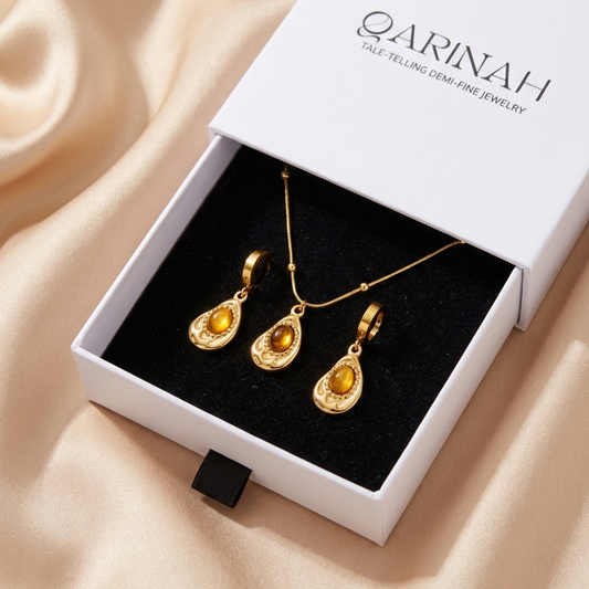 Tiger Eye Necklace & Drop Earrings Set – 18K Gold-Plated Stainless Steel